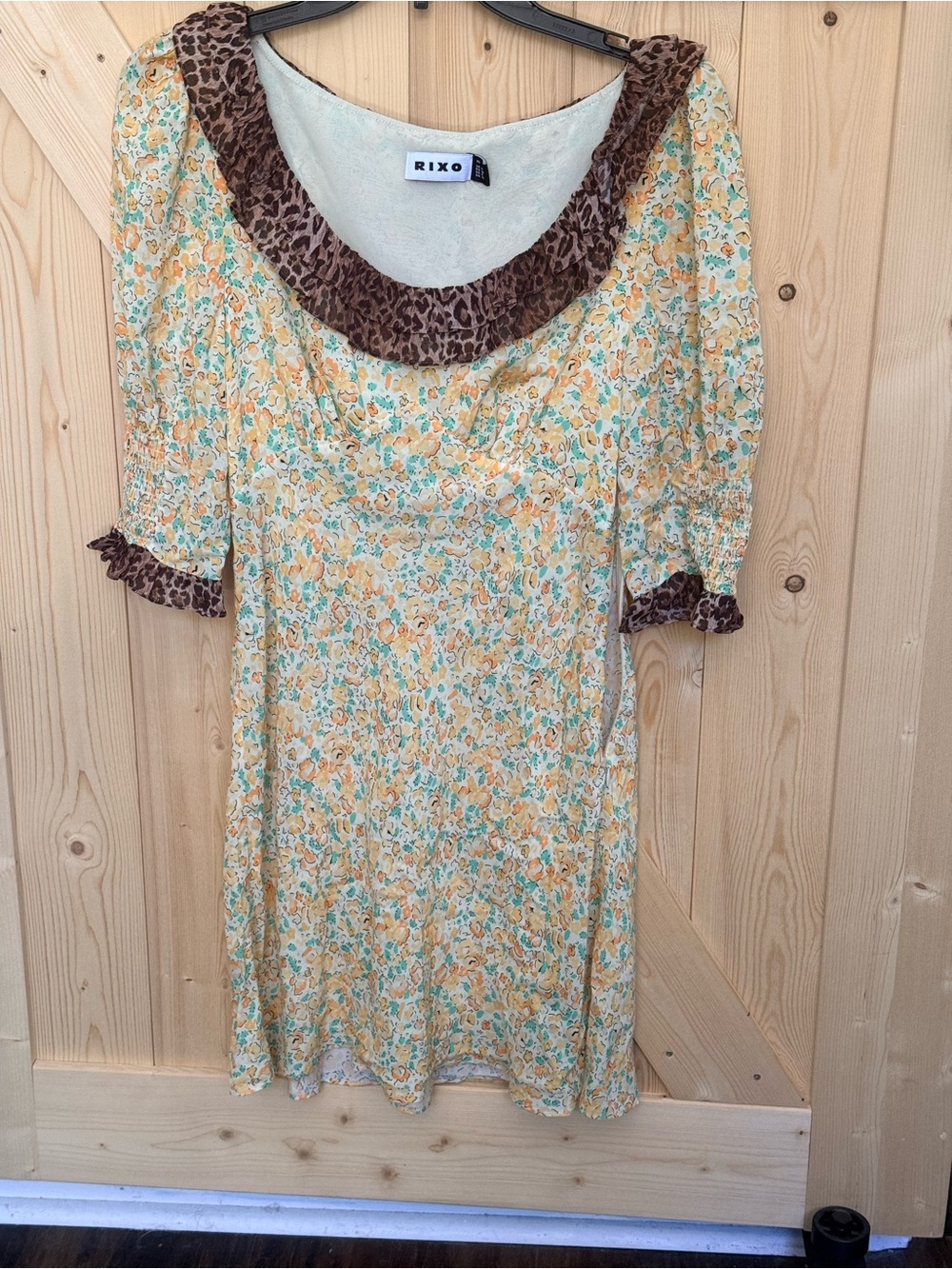 RIXO Yellow Floral Midi Dress with Leopard Trim